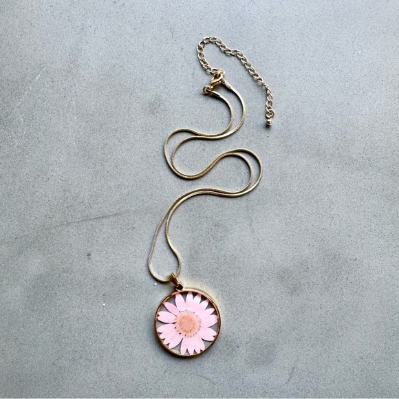 Handmade Jewelry - Handmade Dried Pink Daisy Gold Pendant Necklace